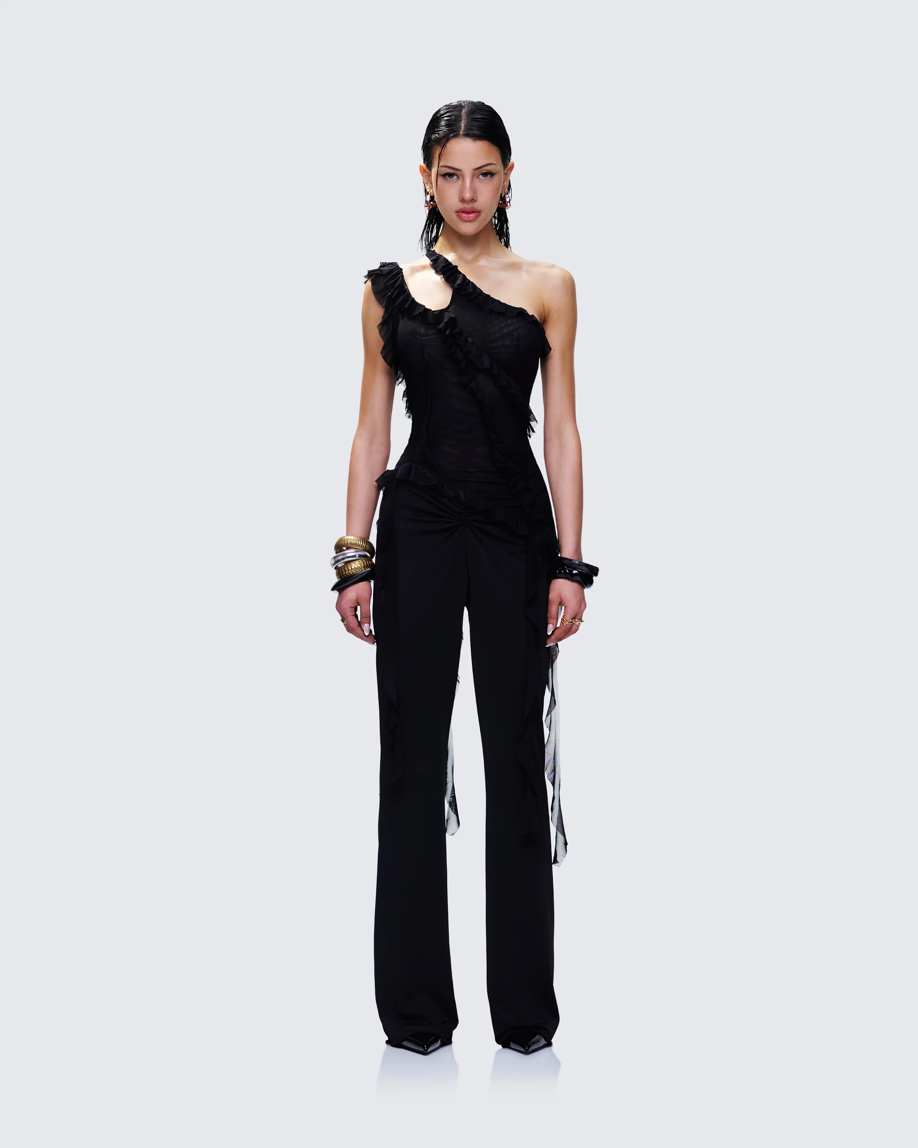 Mesh Ruffle Top Ekaterina Black Mesh Ruffle Top - FINESSE