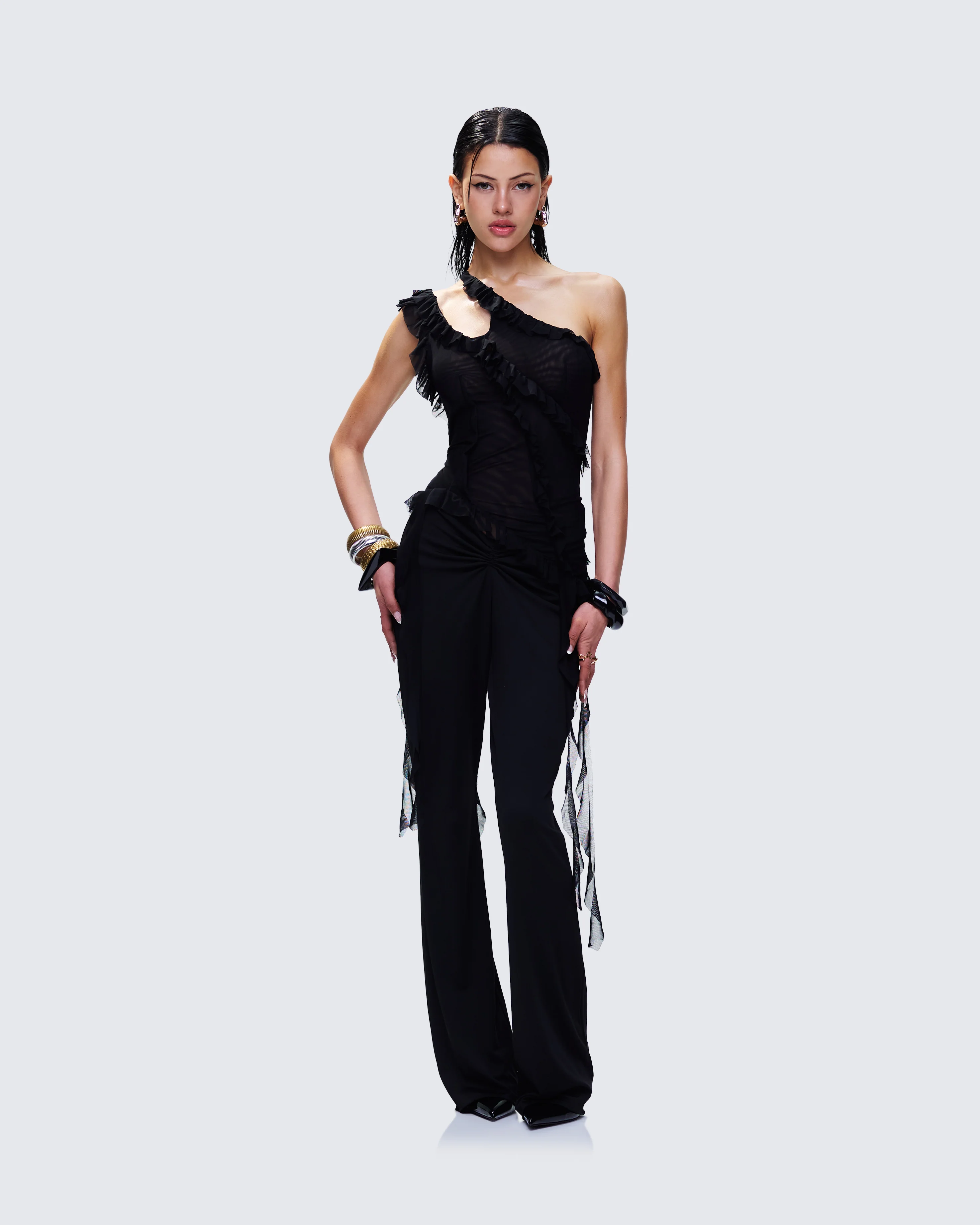 Mesh Ruffle Top Ekaterina Black Mesh Ruffle Top - FINESSE