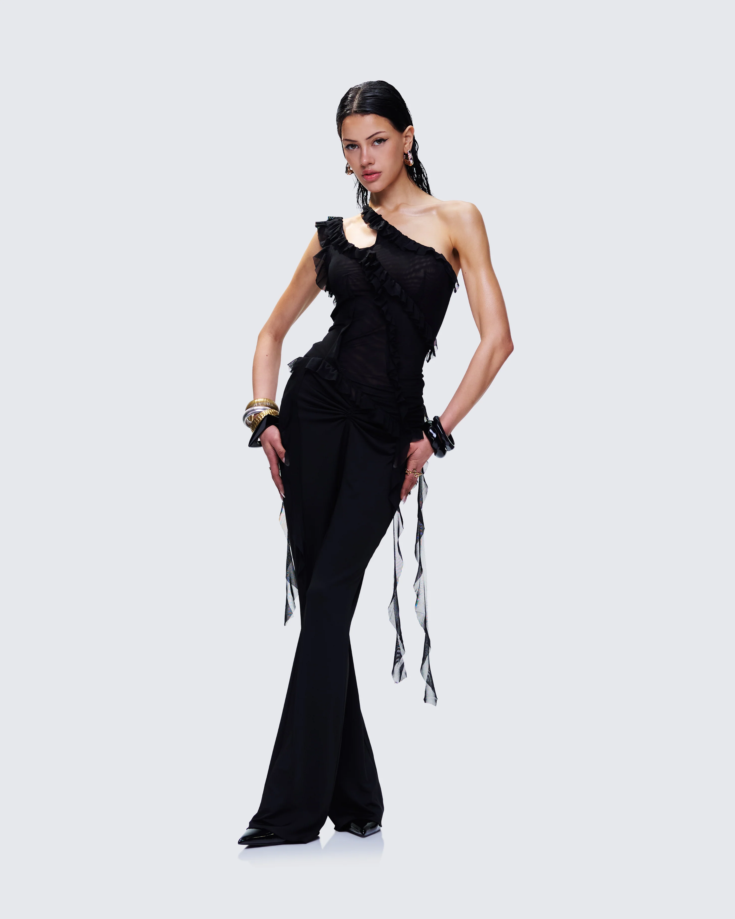 Mesh Ruffle Top Ekaterina Black Mesh Ruffle Top - FINESSE